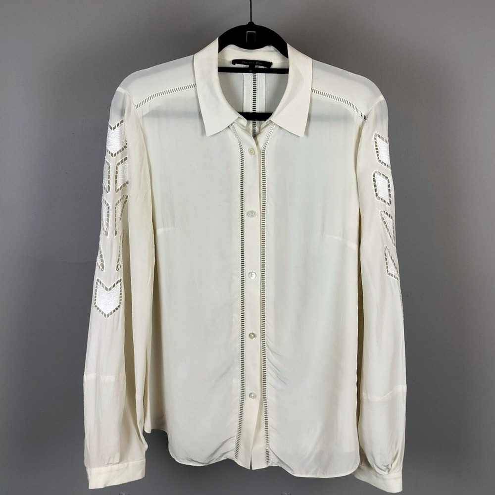 Rachel Roy 100% Silk Embroidered Cutout Button Down Shirt Ivory Cream Mens M